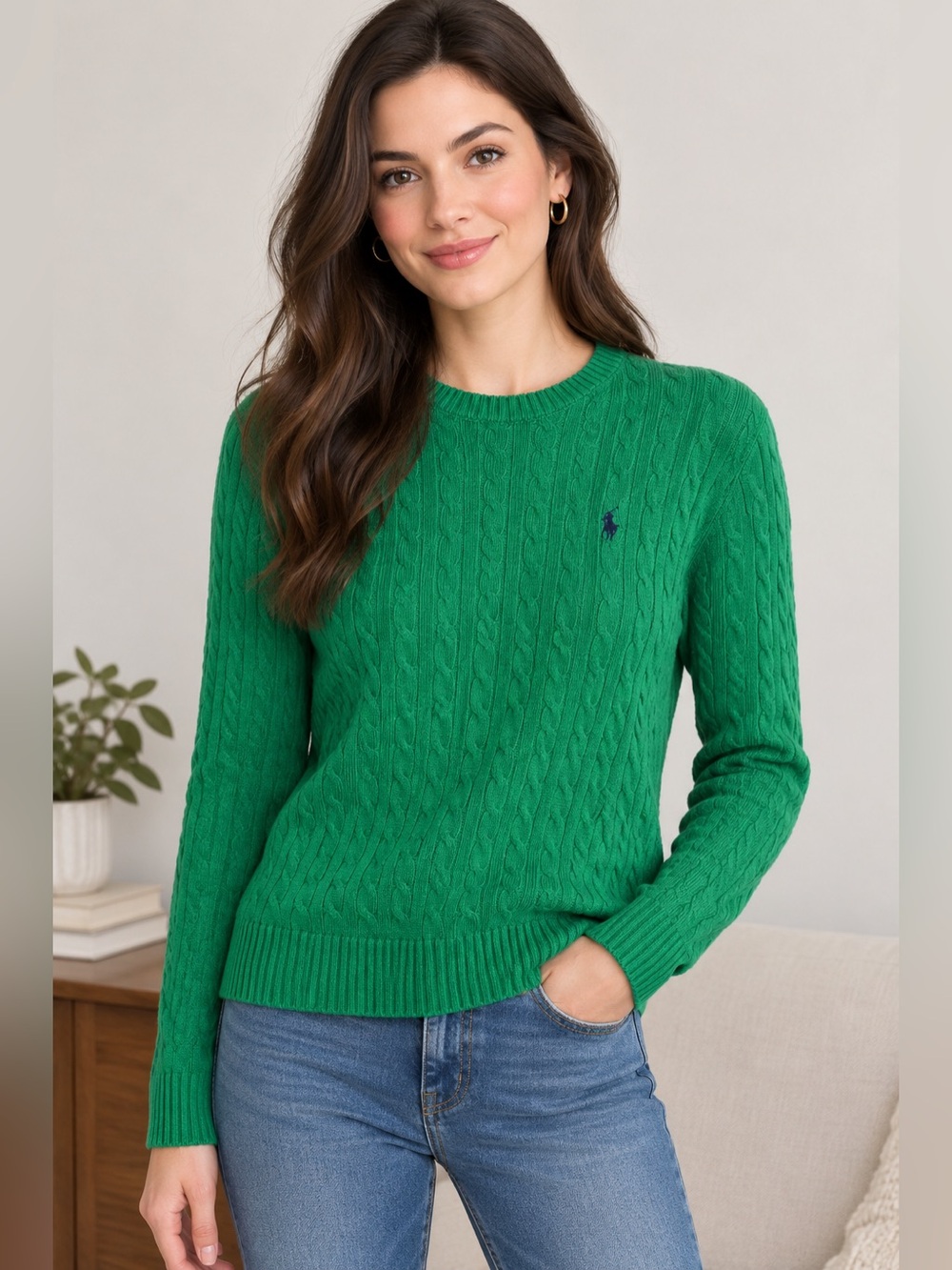 Polo by Ralph Lauren Men’s Emerald Green Cable-Knit Crewneck Sweater - Picture 4 of 4